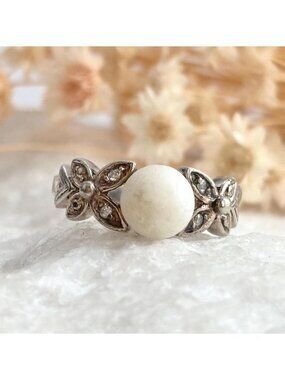 AVON Cultured Pearl & CZ Gemstone floral 925 Sterling Silver Vintage Ring - sz 5
